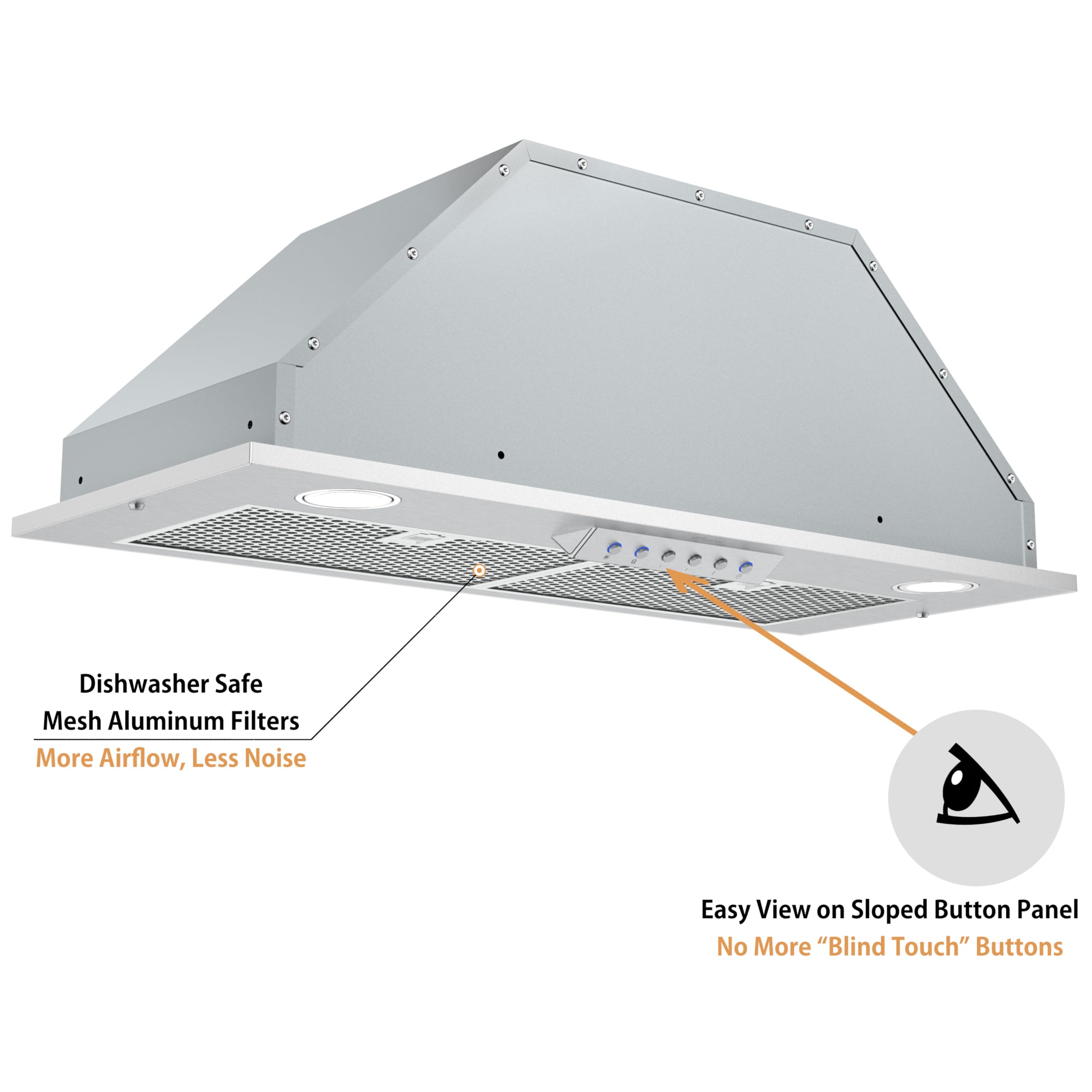 Campana extractora de acero inoxidable integrada de 11-3/4 pulgadas de profundidad, 4 velocidades, 600 CFM, luces LED, filtros de malla para campana de madera (filtros de malla de 36 pulgadas de 5