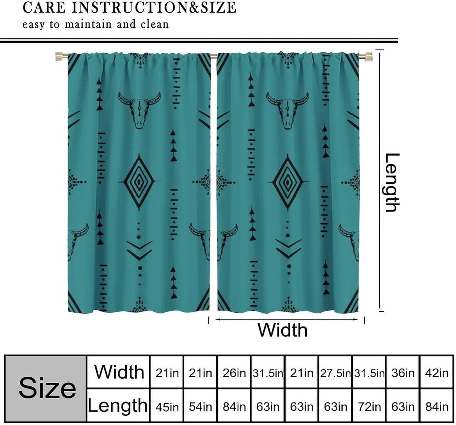 Western Cow Skull Blackout Curtains, Bull Skull Boho Aztec Native Trible Bohemian Geometric Window Drape, for Living Room Bedroom 21(W)*54(L) 2 Panels