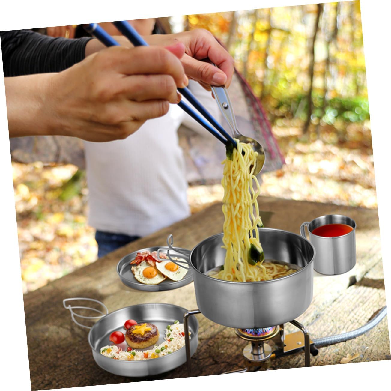 Portable Stainless Steel Camping Cookware Set Outdoor Cooking Kit for Hiking Picnics Camping Lightweight Convenient Cookware Essentials