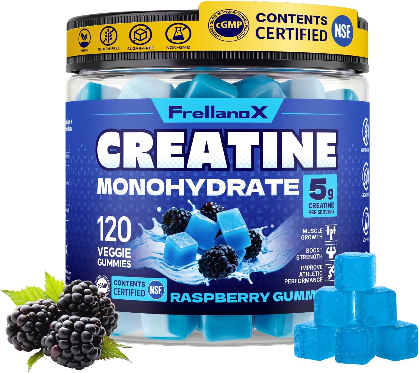 Creatine Gummies 5g Monohydrate — Sugar Free Creatine Supplement for Men & Women, NSF Certified, Multi-Ingredient Formula for Muscle Strength & Recovery — Blue Raspberry, 120 Count