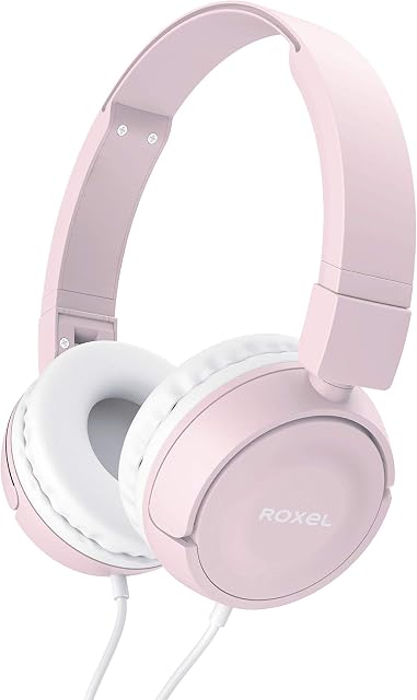 Roxel RX110 Powerful Bass Lightweight Wired Foldable Headphones with Mic, Ergonomic On Ear Headphone Compatible with Android and IOS Devices, Answer Incoming Calls (Pink)