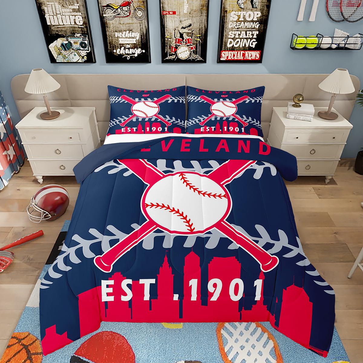 Erosebridal Boys Baseball Queen Comforter for Teens Youth,Baseball City Team Bedding for Gift,Sports Duvet Insert,Softball Ball Game Quilt with 2