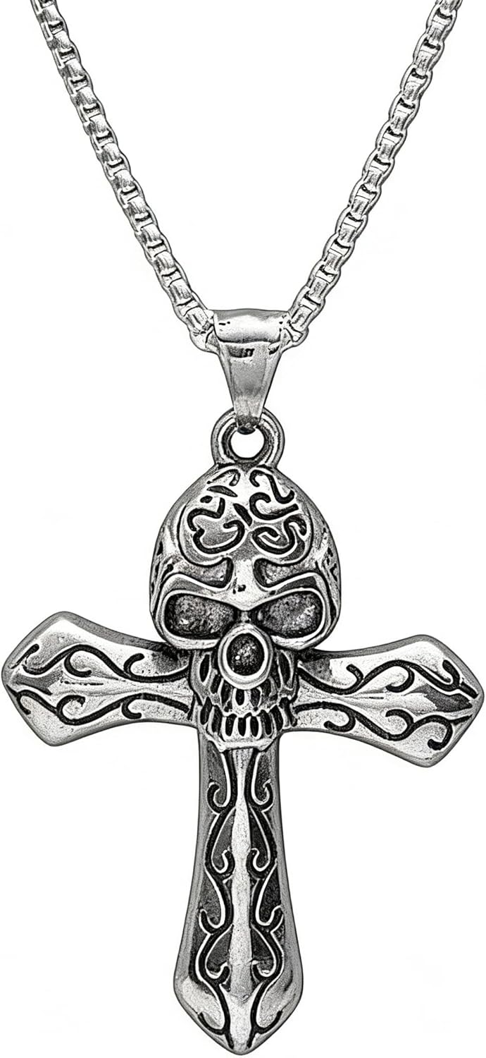 Men's Skull Pendant Cross Necklace, Vintage Metal Cross Necklace with Stainless Steel Chain