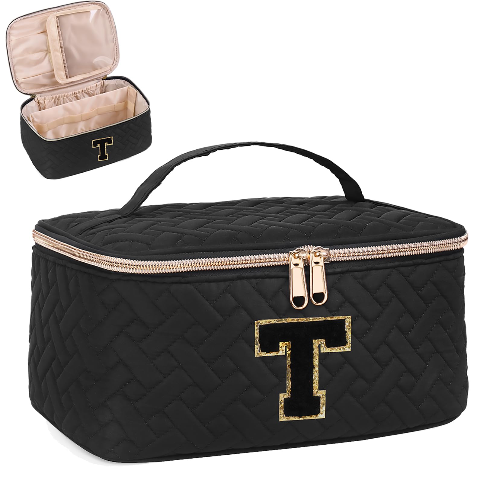 JRQCSJY Gifts Initial Makeup Organizer Bag for Girls, Chenille Letter Personalized Cosmetic Bag with Zipper | Preppy Quilted Portable Makeup Pouch