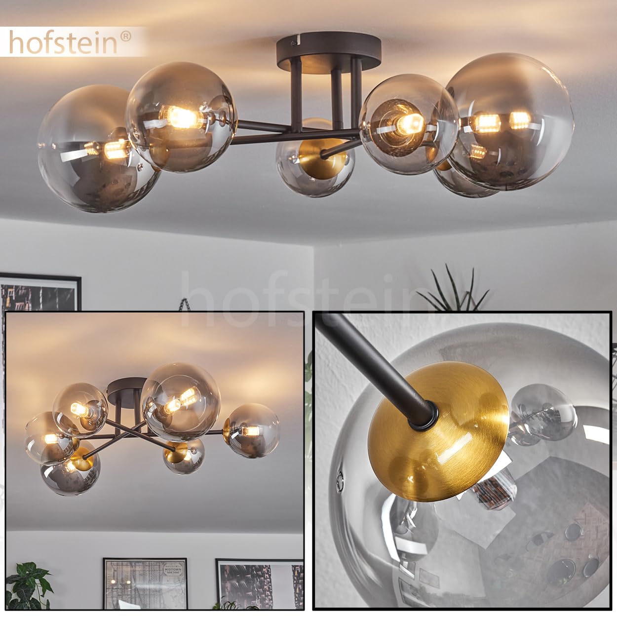 HOFSTEIN Deckenleuchte Chehalis, 6-flammige Deckenlampe aus Metall/Glas in Schwarz/Gold/Rauch/Klar, Leuchte im Vintage-Design, Ø Schirme 10; 12; 15 cm, G9, Esszimmer, Schlafzimmer, Wohnzimmer, Küche