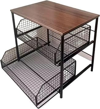 Space-Saving Multi-Layer Kitchen Countertop Storage Rack - Sturdy Organizer With Drawers & Metal BasketsBrown