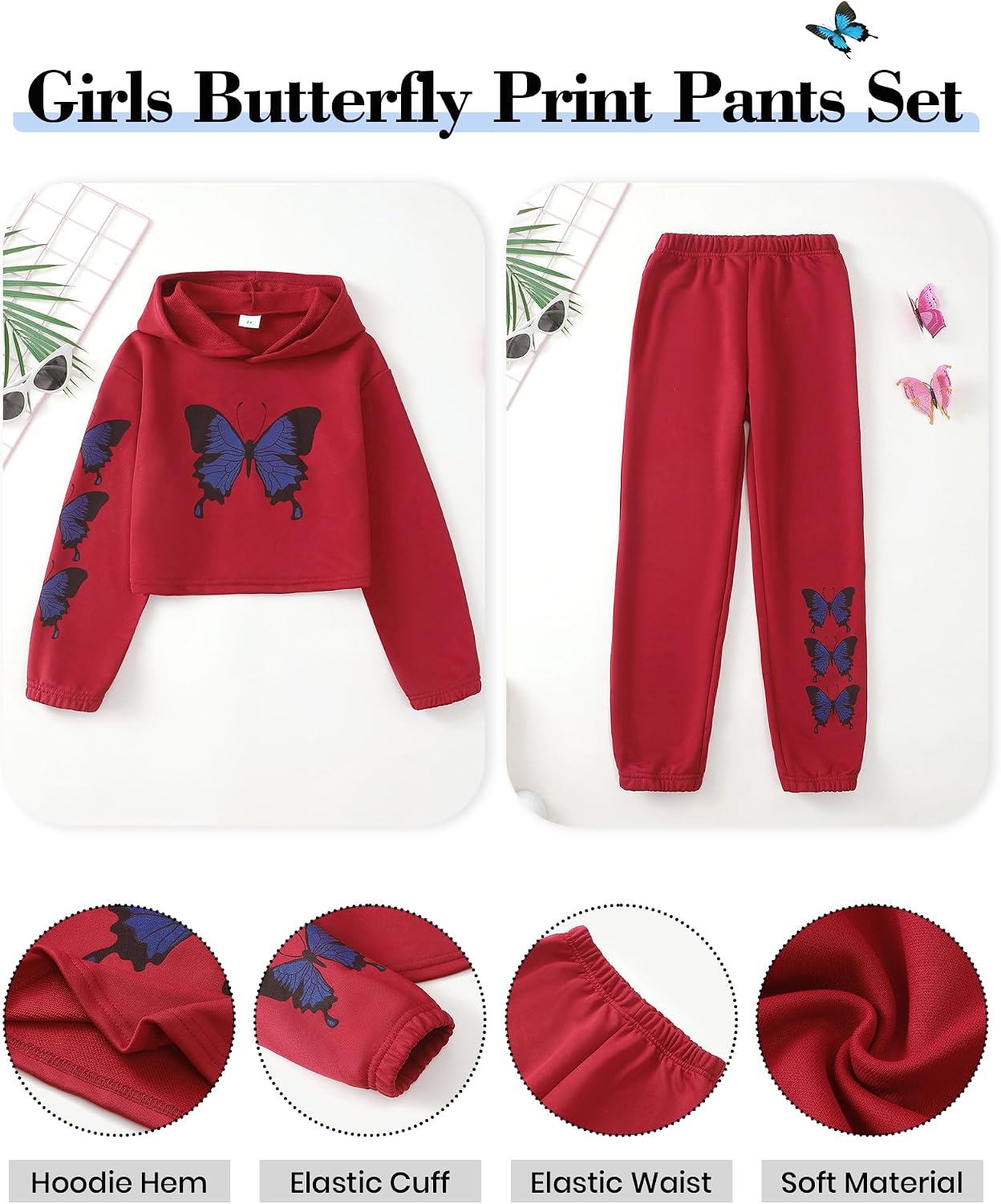 YOURUIKEY Girls' Clothing Set Butterfly Print Crop Top Hoodies Sweatpants 2 Piece Outfits Kids Sweatsuit Tracksuit Jogger Set