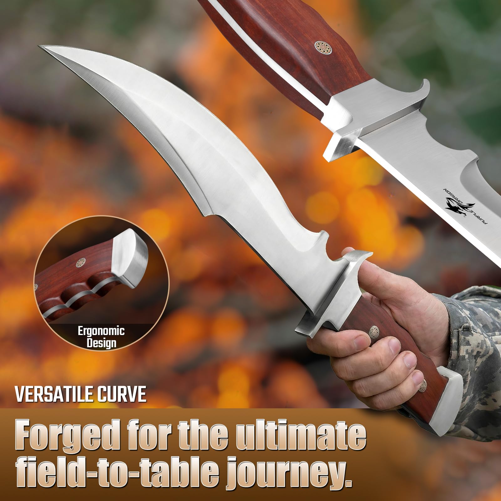 Purple Dragon Outdoor Survival Messer, Full Tang Scharfe Machete mit Holzgriff & Lederscheide, Vielseitiges Camping-Überlebenswerkzeug für Bushcraft & Wandern Geschenk für Männer