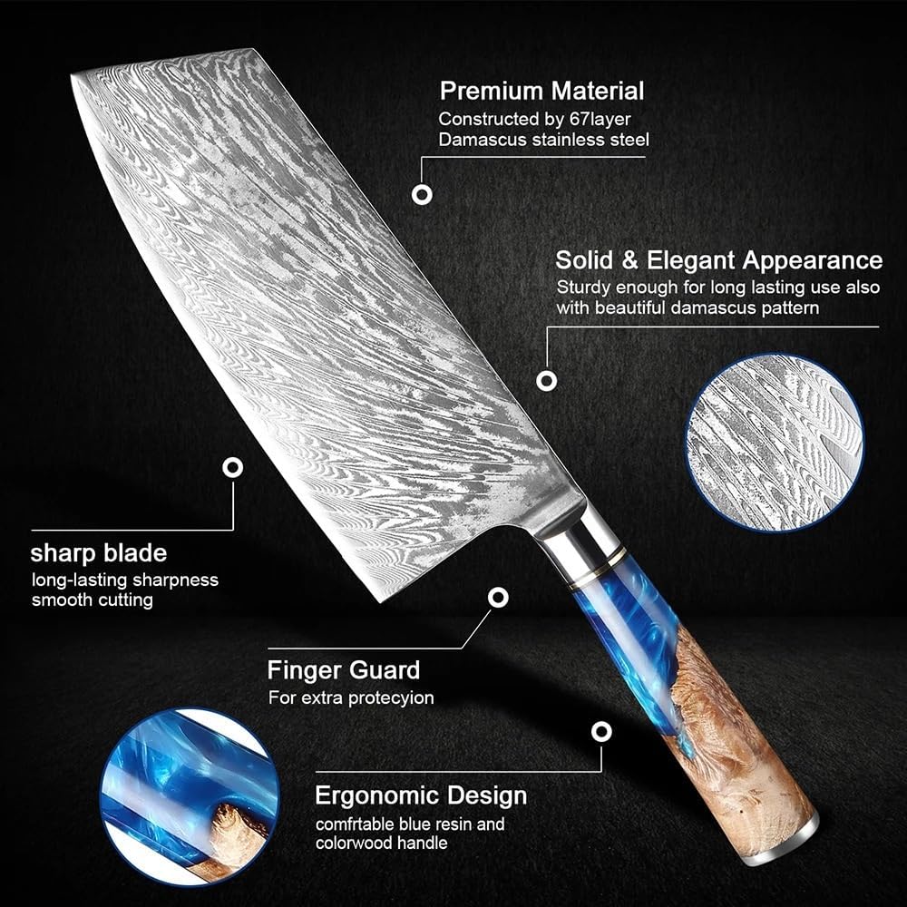 MAYIT Meat Cleaver Knife, 7 Inch Cleaver Knife Damascus Steel Chinese Chef Knife Professional Butcher Knife Sharp Kitchen Knife Meat Vegetable Knife, MAYiT5475