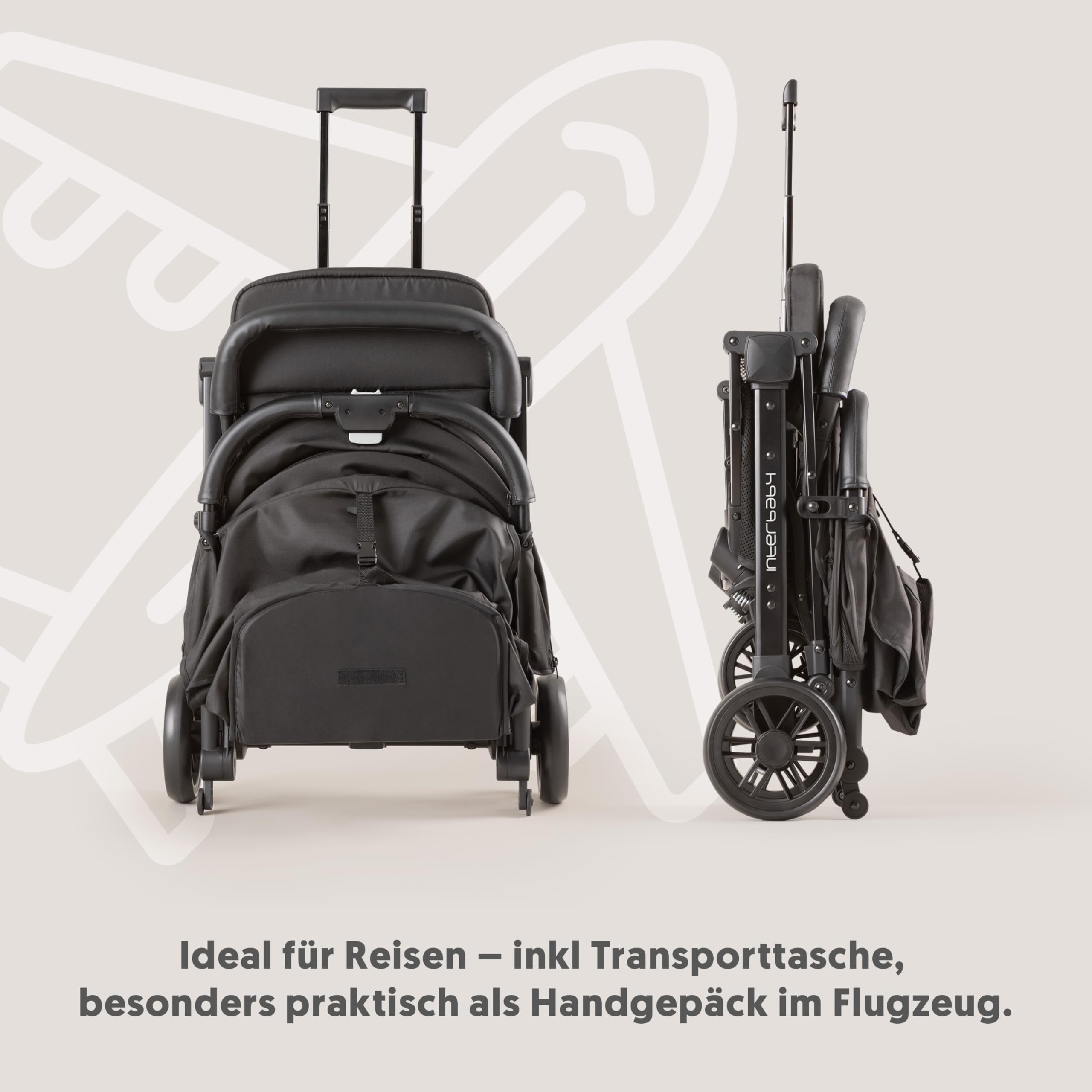 Interbaby Reisebuggy klein bis 22 kg Handgepäck, Liegefunktion (Schwarz) | Reisebuggy Einhand-Faltsystem, Flugzeug Handgepäck, XXL Verdeck UV50+, Liegefunktion, 4-Rad-Federung, ab Geburt