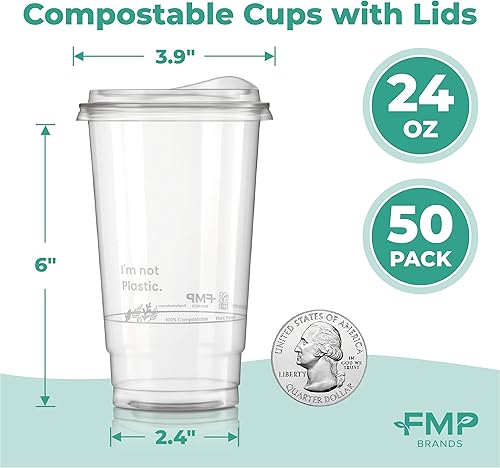 Miniatura 2 de Fit Meal Prep Paquete de 50 vasos transparentes compostables de 24 onzas con tapas para sorber, taza de café helado reciclable biodegradable a base
