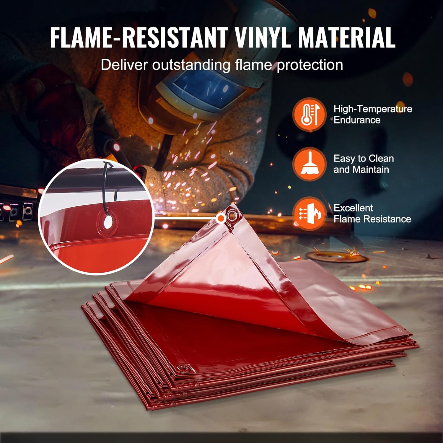HappyBuy Welding Screen with Frame - 6' x 6', 3 Panel, Flame-Resistant Vinyl, 12 Swivel Wheels (6 Lockable), for Workshop, Red