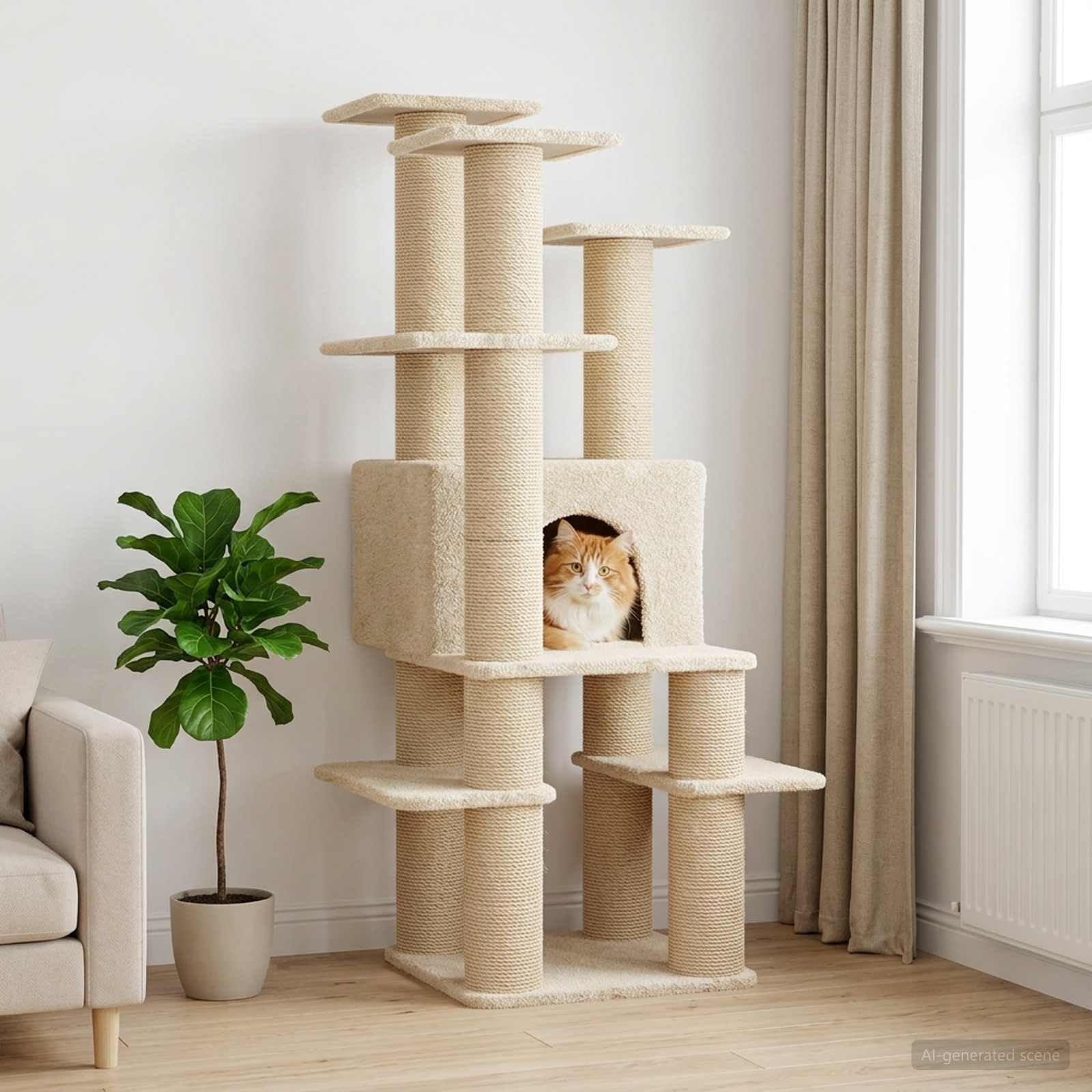 Árbol para gatos con columnas rascadoras de sisal, color crema, 161 cm, árbol trepador de varios niveles con cueva, superficies de descanso y muebles rascadores para apartamentos, habitaciones