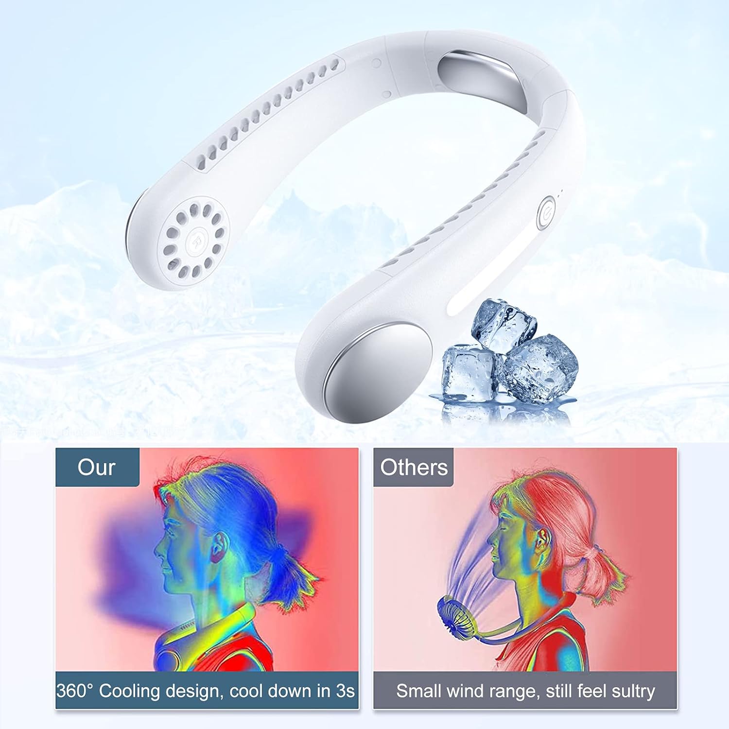 Leafless Hanging Neck Fan,[Instant Cooling] Personal Air Conditioner Built-in Refrigerating Chip Wearable Cooling Fan with 360° Wind Outlet Portable Hang for Hot Flashes