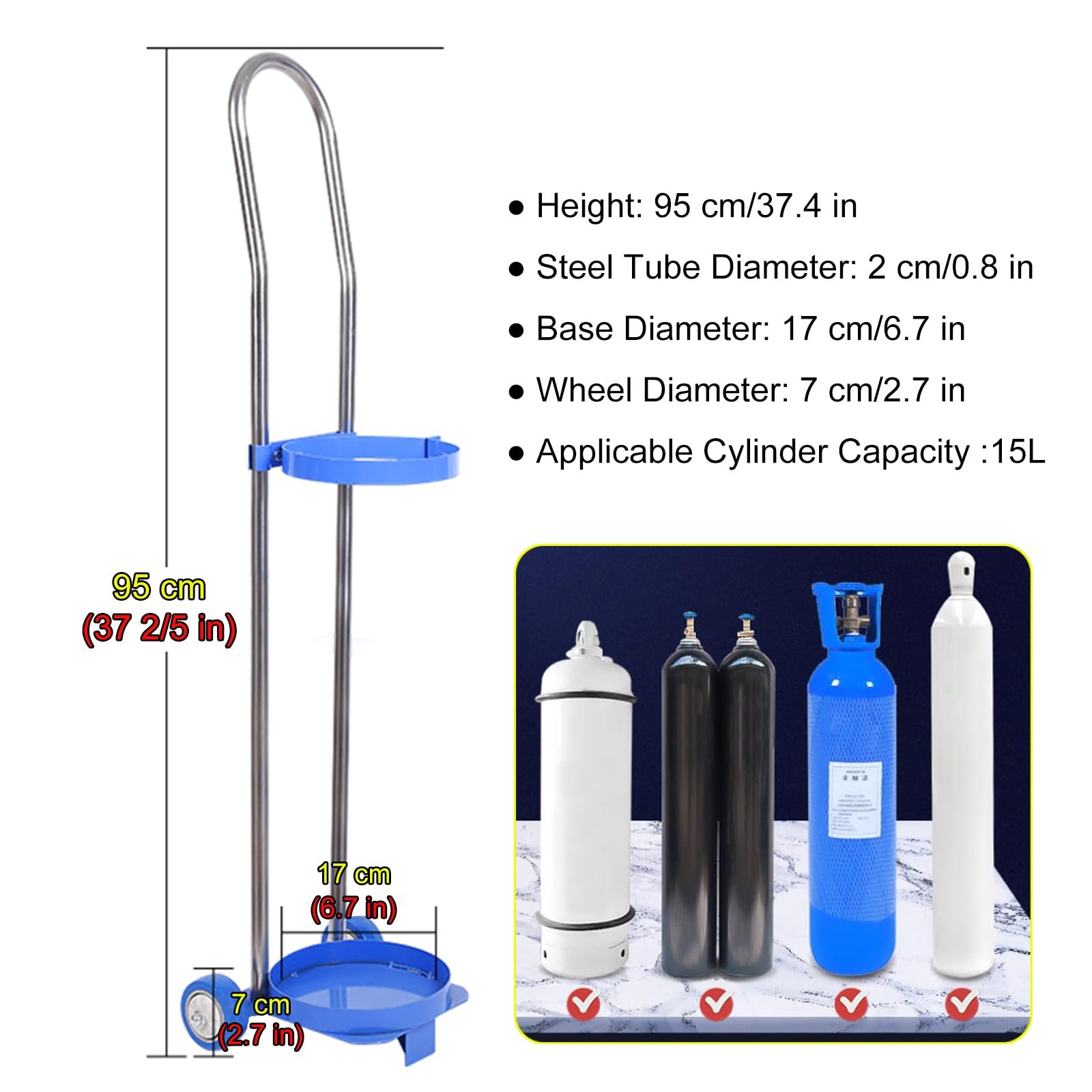 Carro cilíndrico con ruedas, estante de almacenamiento de cilindro de gas de acero resistente, 80-110 cm de alto, soporte rodante para el hogar, escuela, hospital, uso interior y exterior