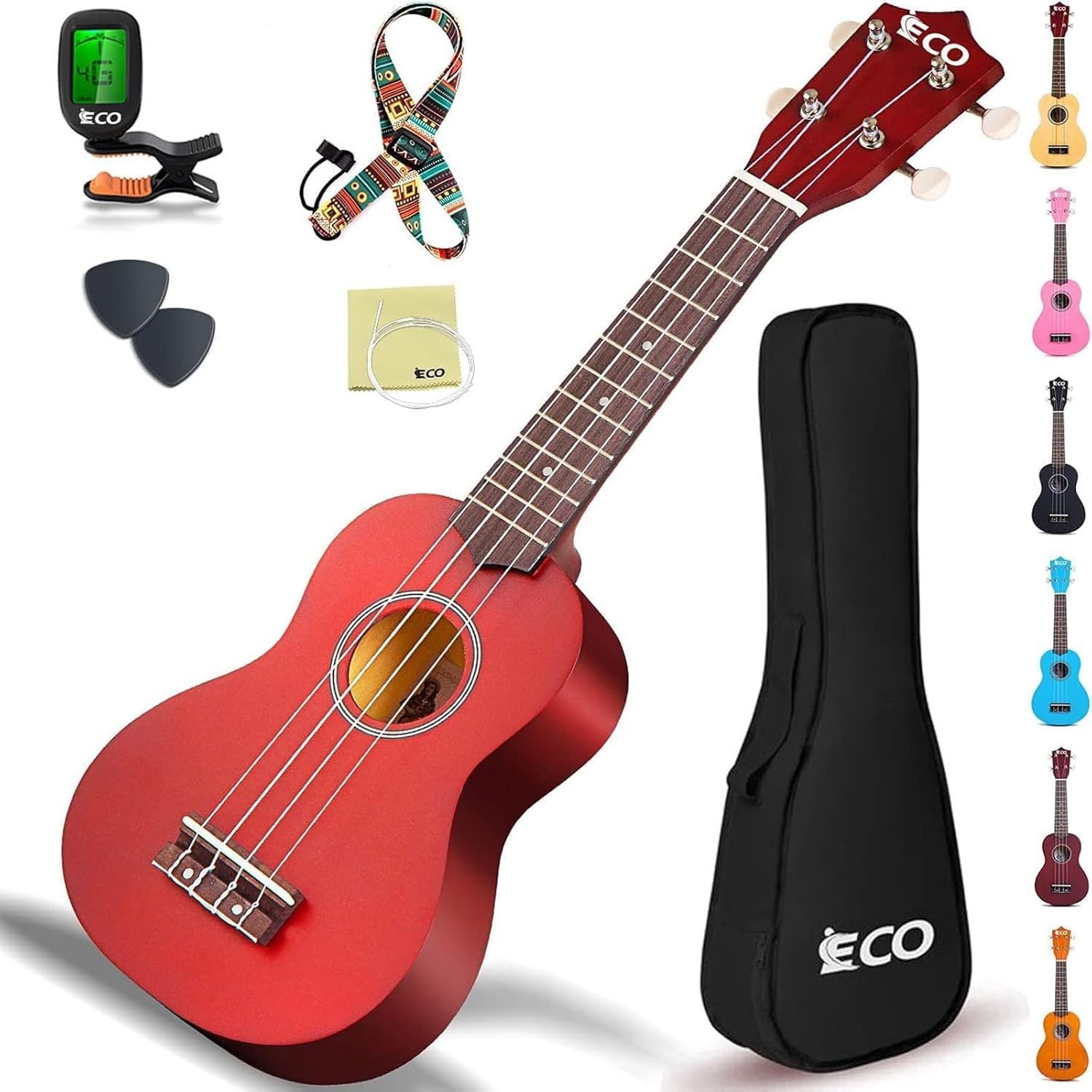 iECO Soprano Ukulele Beginner Kit Adults 21 Inch Ukelele w/Case Strap Tuner Strings Picks (Mahogany) 21 inch Mahogany