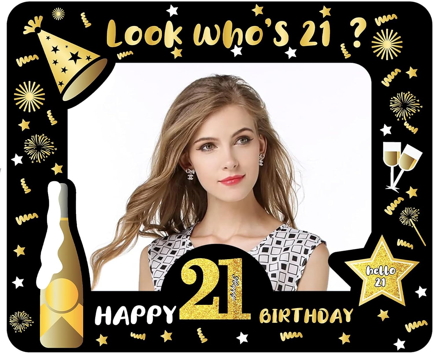 Happy 21st Birthday Photo Booth Props Photo Frame,Black Gold Inflatable