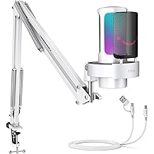 FIFINE Gaming PC USB Microphone Kit, Condenser RGB Mic with Metal Boom Arm, Mute, Gain Knob, Headphones Monitoring, Streaming Microphone Bundle for PS4/PS5, YouTube, Discord, Twitch-A8T White