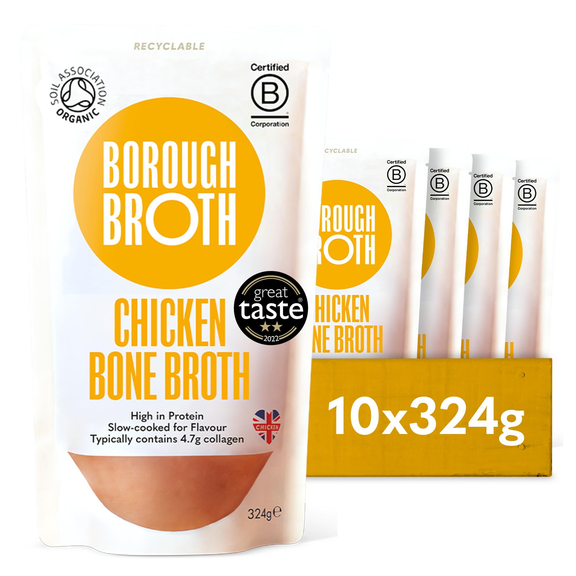 Borough Broth Organic Chicken Bone Broth – Free-Range Chicken Broth – High Protein Collagen Bone Broth – Slow Cooked 24 Hrs – Nutritious Organic Broth & Stock – 10 x 324gSoil AssociationSoil AssociationSoil Association