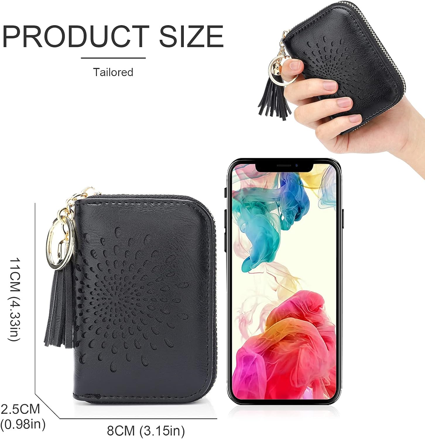 APHISON RFID Credit Card Holder Zipper Card Case Keychain Small Wallet for Women 1927 BLACK - Image 5