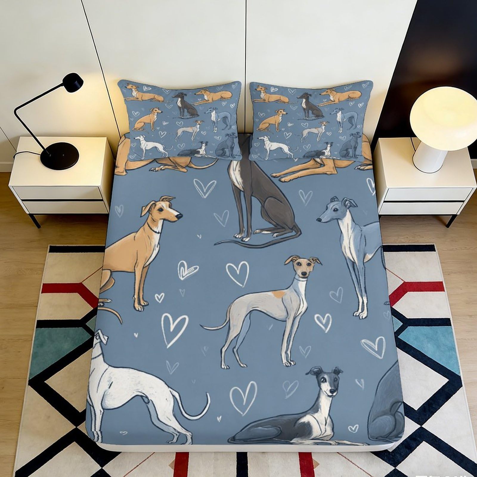 3D Printed Greyhound Pattern Fitted Sheet Microfiber Durable Soft 3D Printed Heart Design Mattress Cover for Bedroom Dormitory Guest Room Protection 90x200x25cm