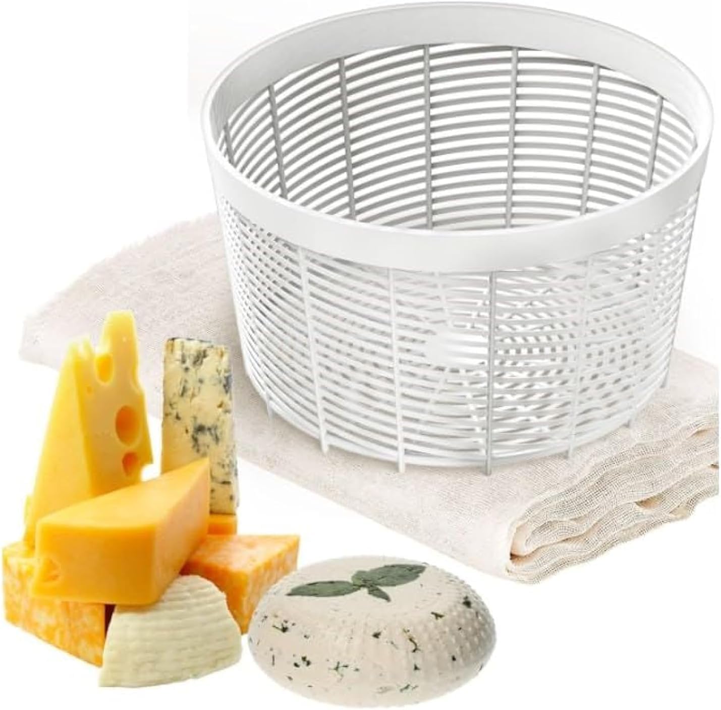 Grand Way Cheese Making Semi Soft and Soft Cheese Mold for 0,5 GAL - Homemade Cheese Making Supplies - Molde Para Queso - Cheese Form with Cheesecloth - Cheese Basket Container Molds