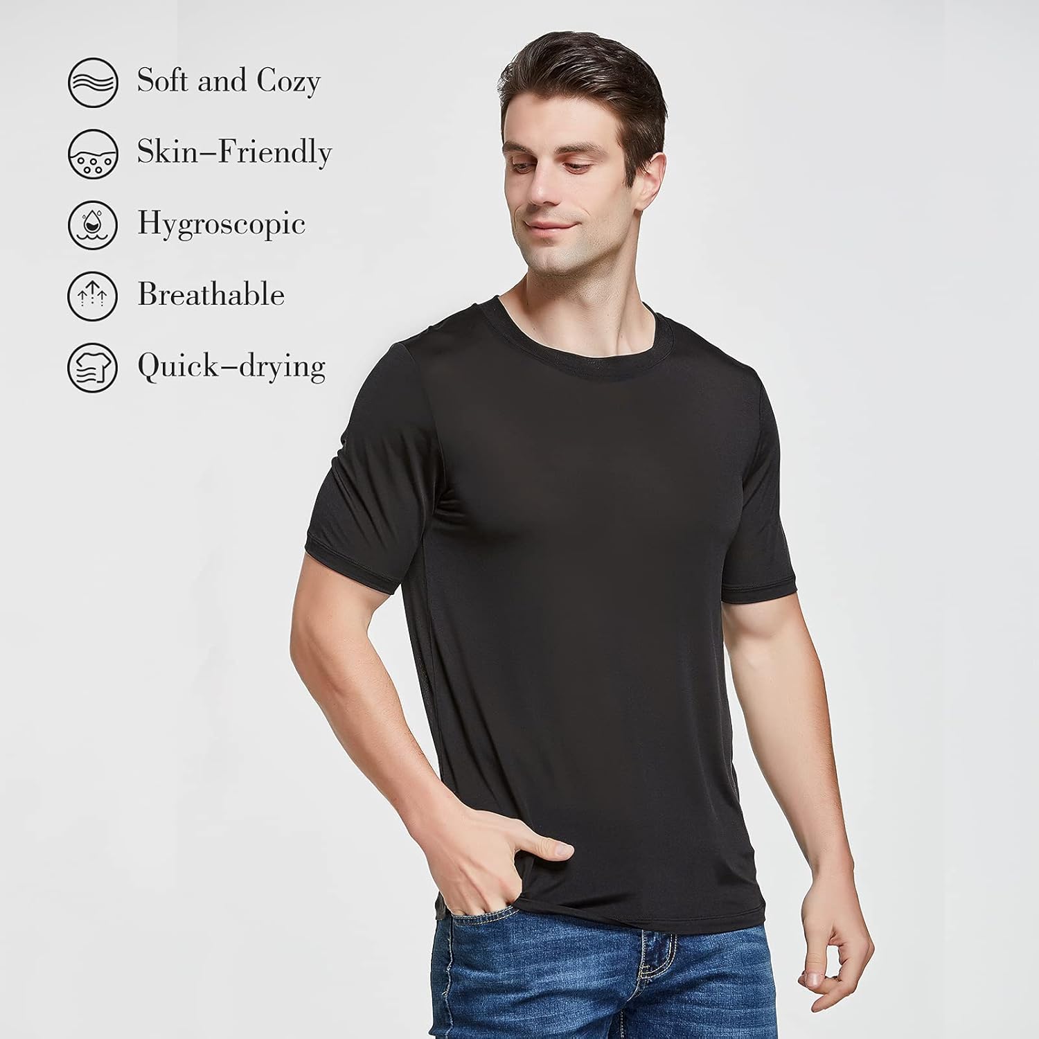 Viamulion Mens Silk Knitted T Shirt 100% Pure Mulberry Silk Sleep T Shirt Soft Cool Performance Crew Neck Casual Undershirt - Image 2
