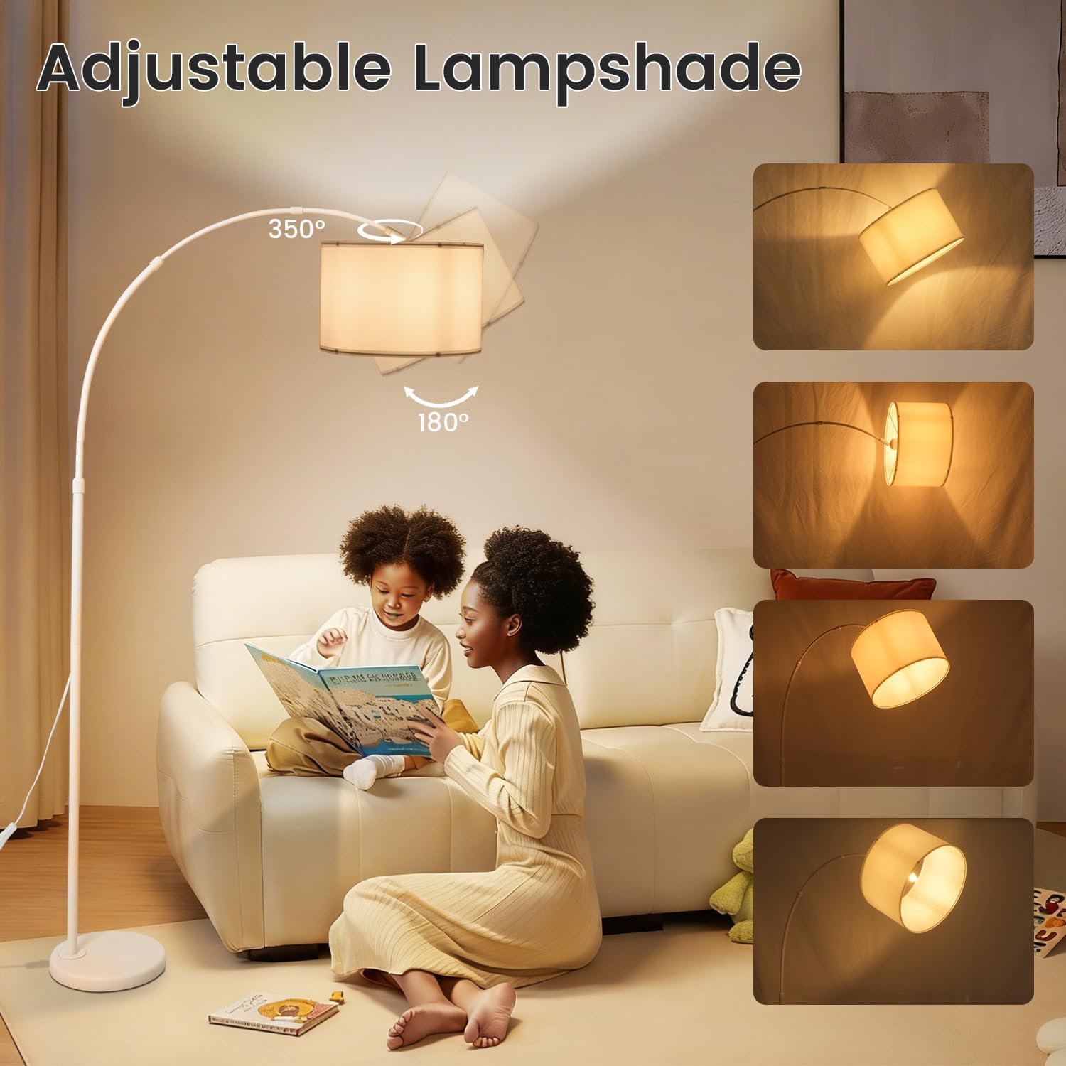 White Arc Floor Lamp with Marble Base, Modern Standing Floor Lamp with Adjustable Height Rotating Head, Tall Pole Lamp with Linen Shade, Over Couch Reading Light for Living Room Bedroom Office Corner