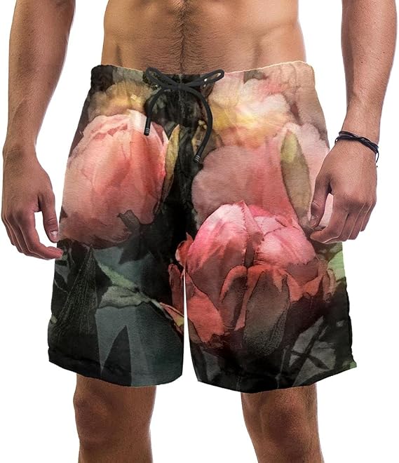 Bañador Hombre peonías Rosas Traje de Baño Secado Rápido Short de Playa