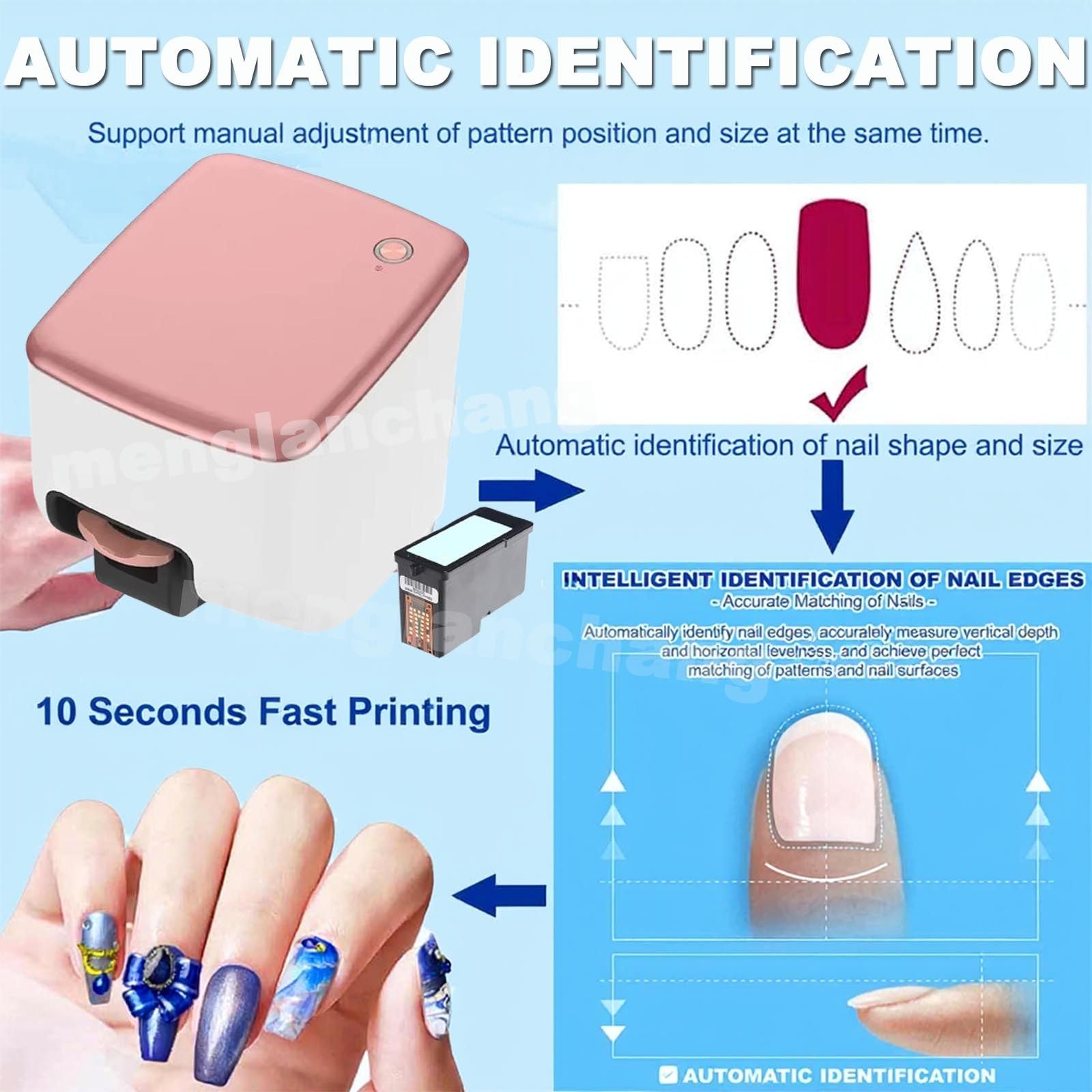 Leichter Nagelkunstdrucker, 3D-Smart-Nageldrucker, WiFi-Verbindungssteuerung, automatische Erkennung der Nagelform, schnelles Zeichnen in 10 Sekunden, hochauflösendes Malen mit 4800 DPI