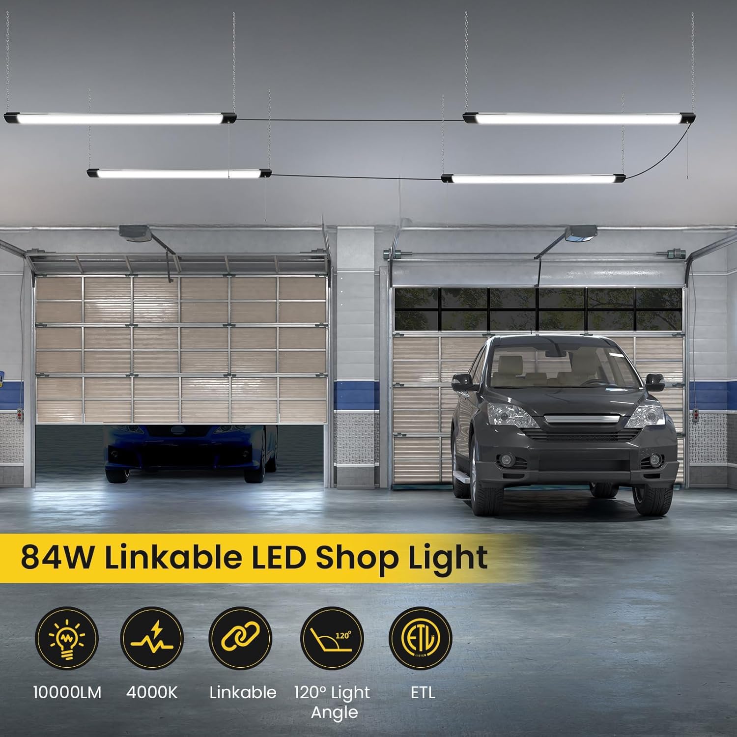 Paby 4FT LED Shop Light, Premium Aluminum Housing, Linkable, 84W 4000K 10000LM for Workshop Basement Garage Warehouses, Hanging or FlushMount, Power Cord and Pull Chain, ETL, Black, 2 Pack