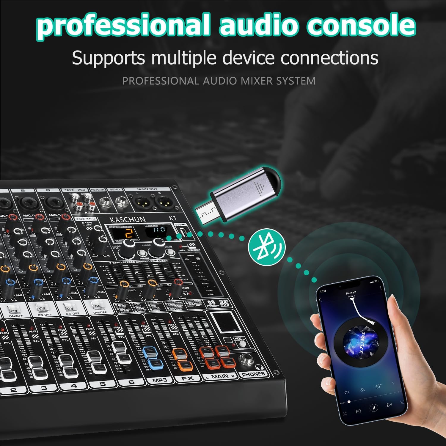 4 Channel Audio Mixer, DJ Mixer Sound Board with 48V Phantom Power, Bluetooth & USB Audio Interface, Compact Mixing Console for DJ Karaoke Live Streaming Recording