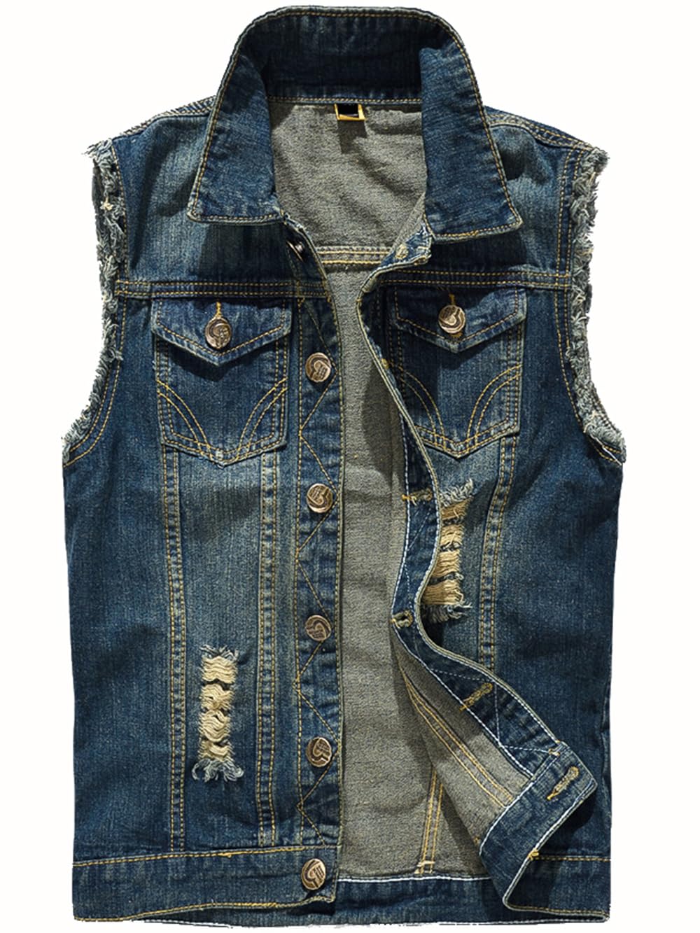 Kelmon Mens Denim Vest Jacket Ripped Vintage Casual Biker Vest Motorcycle Coat Cowboy Lapel Sleeveless Vest