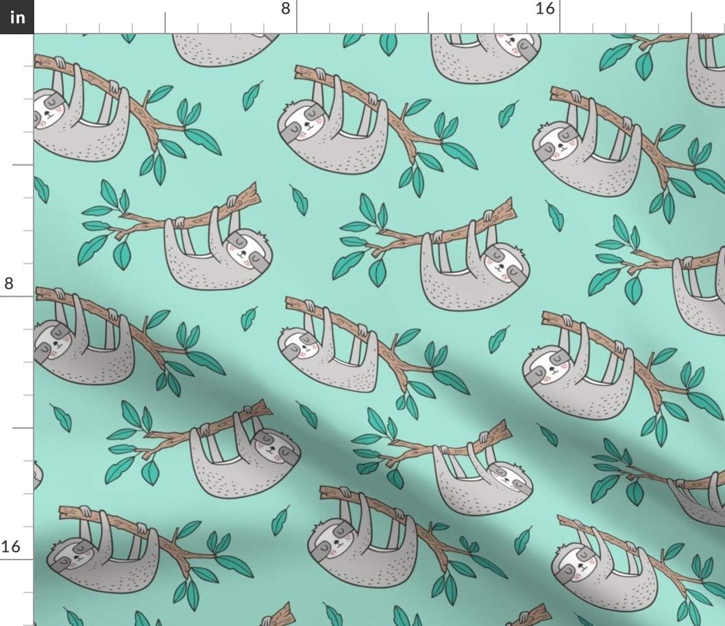 Spoonflower Fabric - Sloth Sloths Tree Branch Leaves Mint Green Animals Forest Jungle Printed on Petal Signature Cotton Fabric by The Yard - Sewing Quilting Apparel Crafts Decor