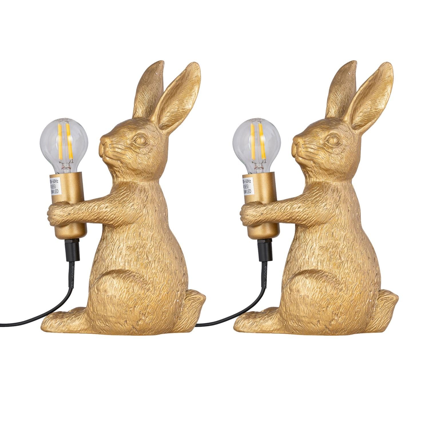 firstchoicelighting Set of 2 Gold Bunny Rabbit Holding Bulb Table Lamps or Bedside Lights, Gold Resin Animal, Height 23 cm, LED Compatible
