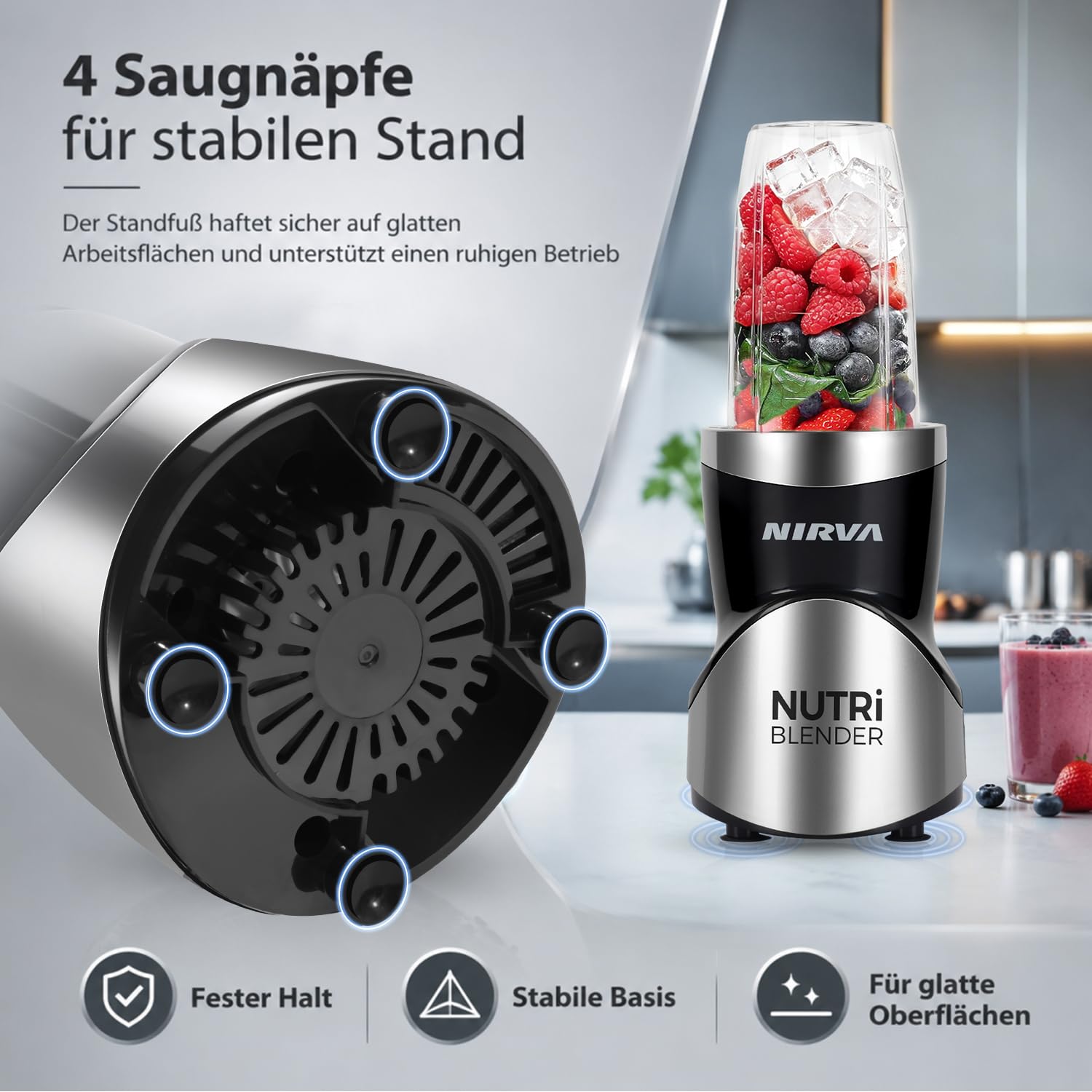 Nirva 4 in 1 Mini Mixer, Smoothie Maker mit 4 Tragbare, Mixbechern Zweiblatt und Vierblatt Edelstahlklingen,Blender elektrisch für Shake, Multifunktionsmixer für Ice, Obst, Gemüse, Nüsse