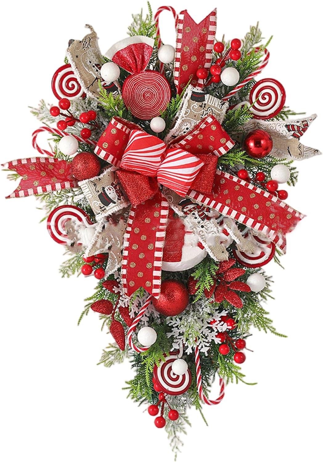 Gcroet Teardrop Christmas Swag, 19.7" Winter Wreath for Front Door, Red Plastic Candy Cane Wreath with Festive Bow, Indoor Outdoor Holiday Decor...