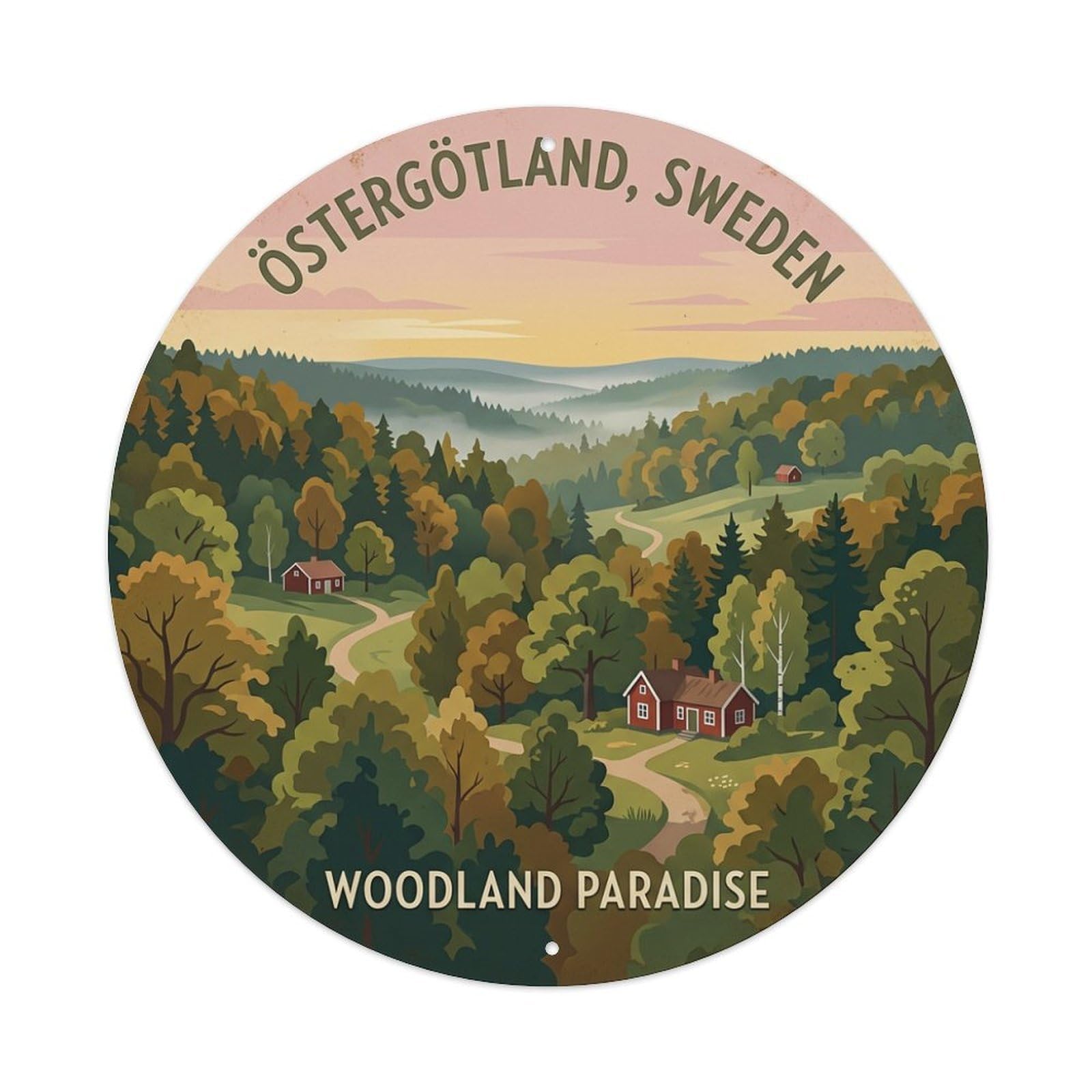 Vintage Travel Ostergotland Sweden Woods Metal Tin Sign