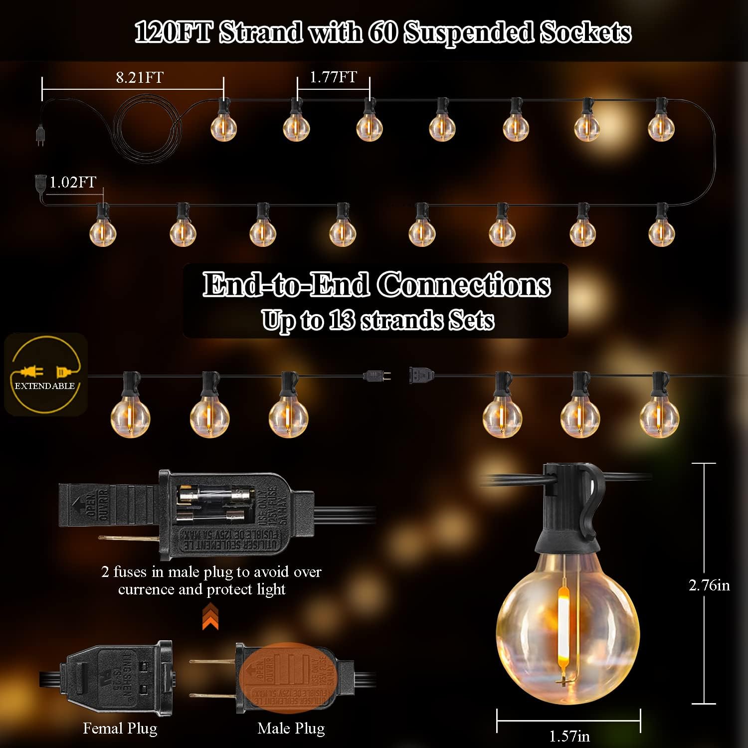120FT Outdoor String Lights G40 LED Globe String Lights with 60 Waterproof Shatterproof Bulbs(2 Spare), Patio Lights Commercial Grade Backyard Lights for Outside Porch Bistro Garden Party
