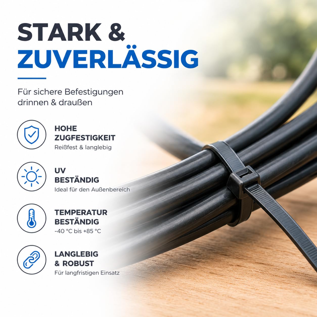 Set di 100 fascette stringicavo nero resistenti agli strappi e ai raggi UV 150 mm x 3,6 mm