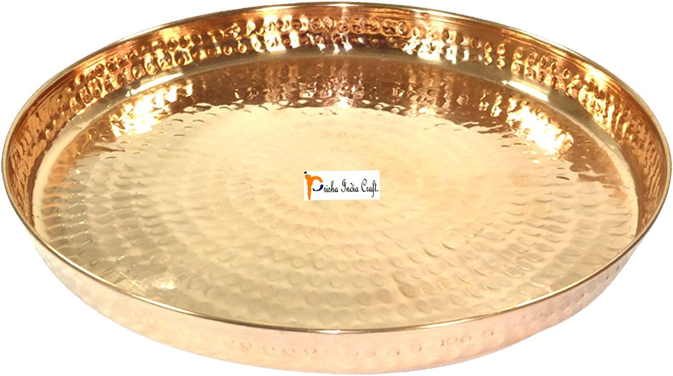Prisha India Craft Pure Copper Dinner Set of Thali Plate, Bowls, Spoon, Fork, Glass, Diameter 12 Inches