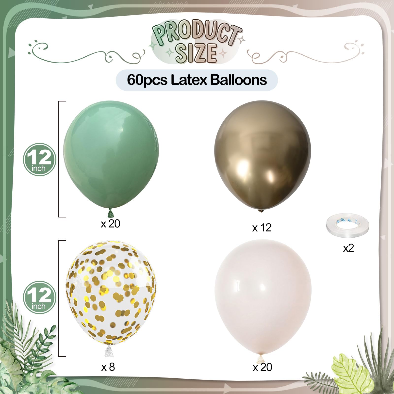 Palloncini Verde Oro, 30 Metallizzato Oro Verde Salvia Oliva Retrò Bianco Elio per Anniversario Compleanno Matrimonio Baby Shower Festa Safari Tropicale Decorazione