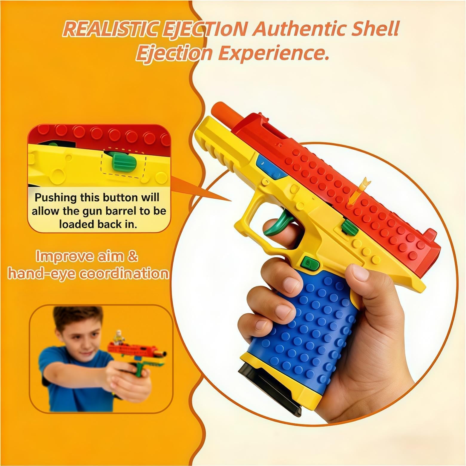 Pistola giocattolo a blocchi da costruzione, pistola automatica a espulsione con guscio con divertimento fai da te, si adatta alla maggior parte dei sistemi di mattoni da costruzione, include figurine