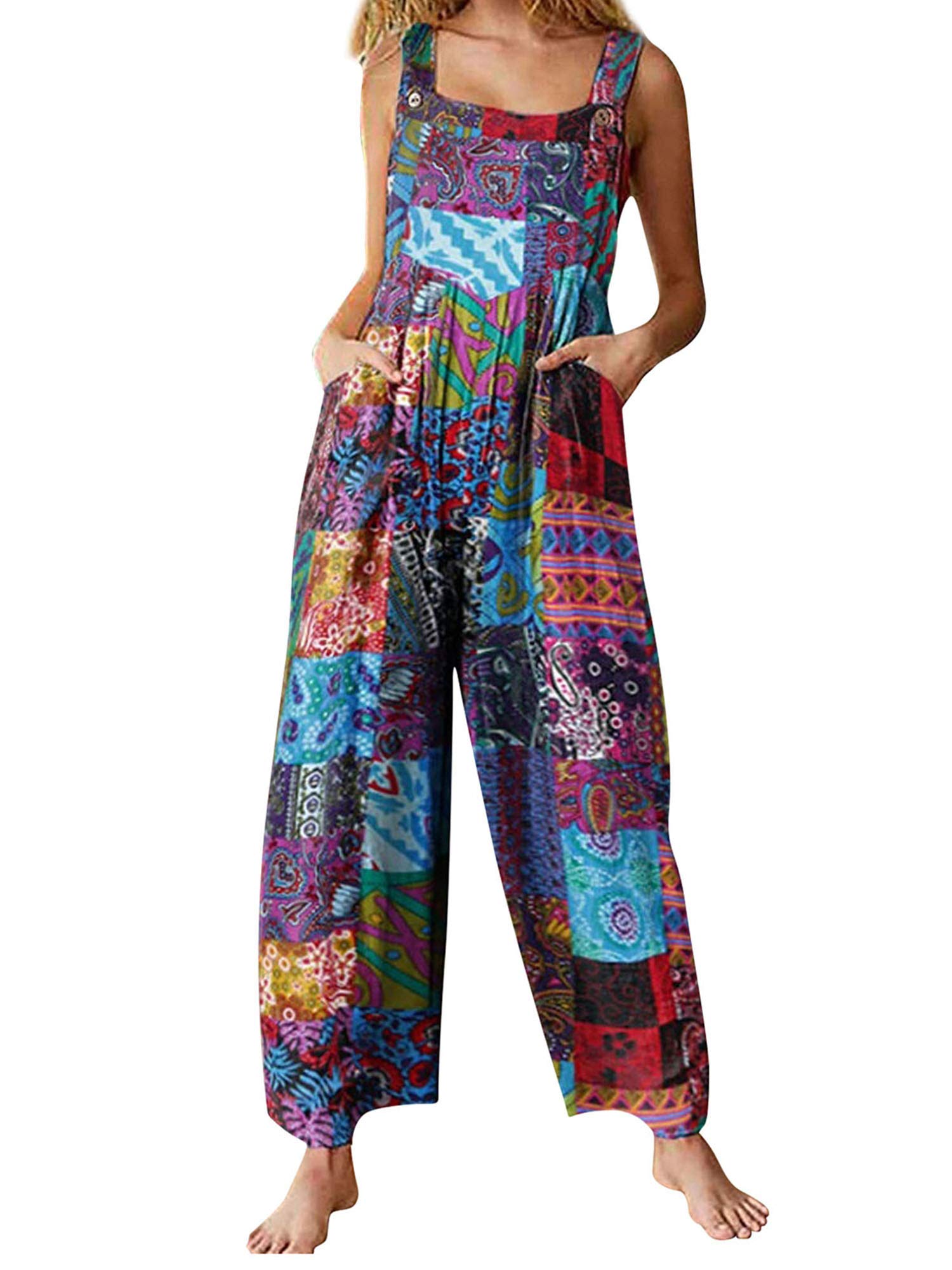 Achlibe Women's Blue Summer Casual Sleeveless Boho Floral Baggy Overall Long Jumpsuit Playsuit Trousers Pants Dungarees Rompers (, Large)