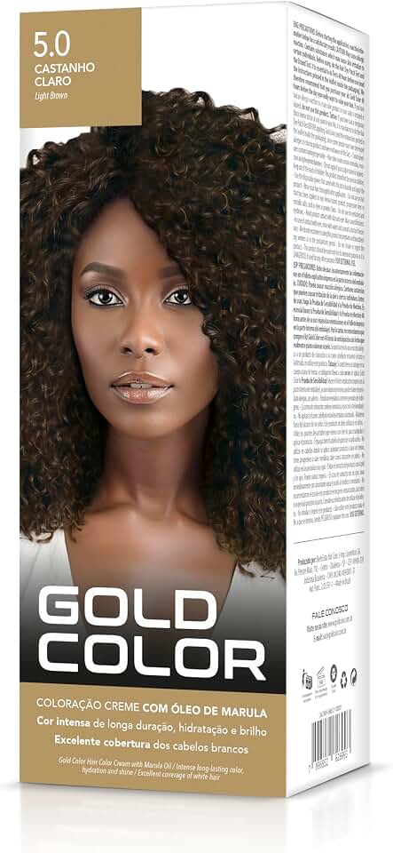 Coloração Capilar Gold Color 5.0 Castanho Claro– Vegana com Óleo de Marula, Brilho Intenso e Cobertura dos Cabelos Brancos