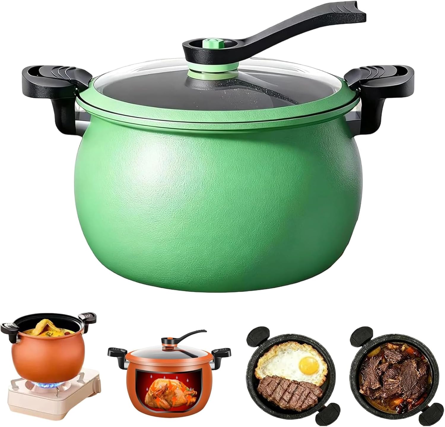 8QT Micro Pressure Cooker with Visible Glass Lid, Large Capacity Non-Stick Multipurpose Stockpot, Fast Cooking Family-Size Stew Pot for Slow Cook, Sear & Saute, Anti-Scalding Handle (Green)