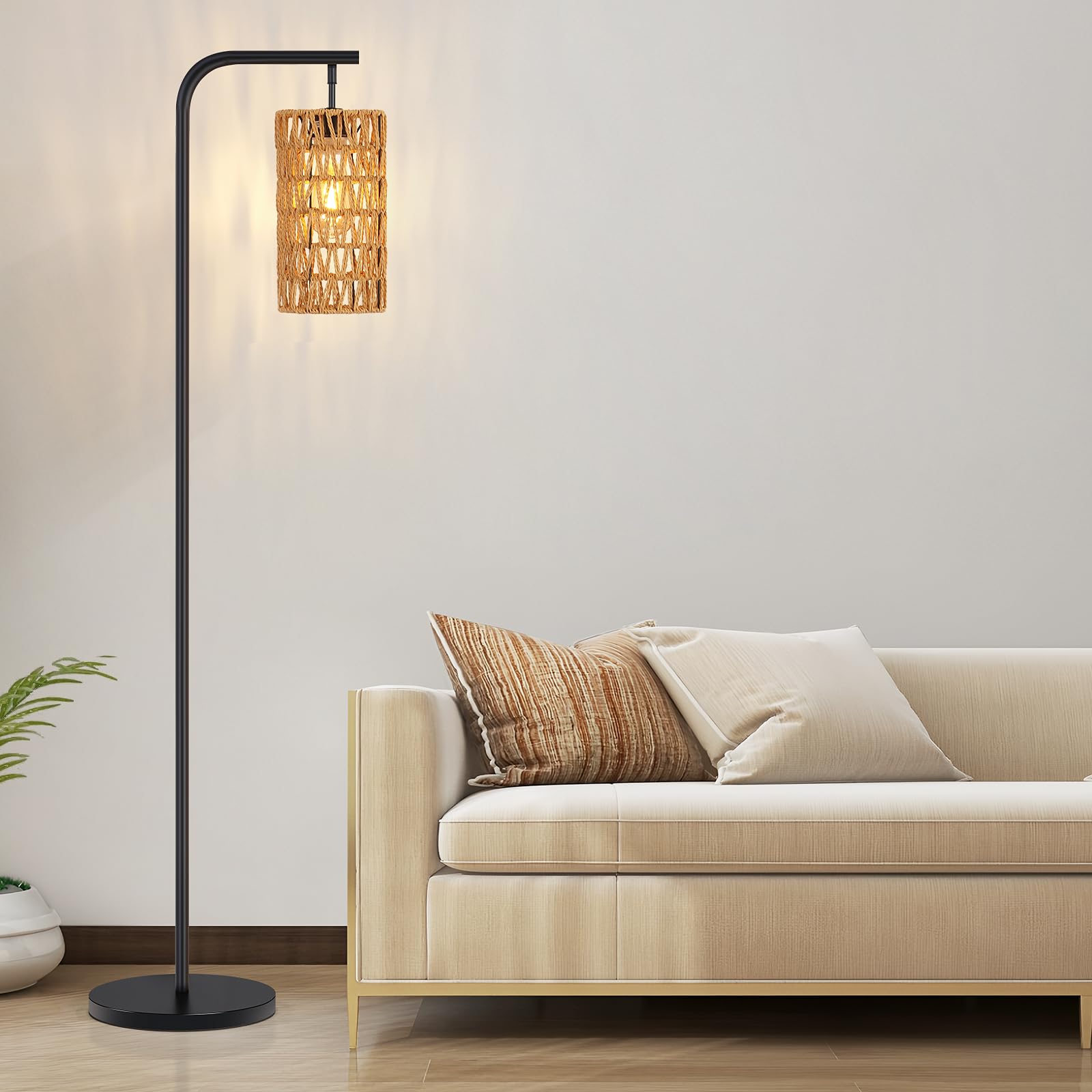 Boho Rattan Floor Lamp for Living Room - Rustic Hand-Made Wicker Farmhouse Standing Lamps with 3000K Soft Light, Foot Switch & Sturdy Base, Bedroom Office Corner Lamp for Reading Sleeping