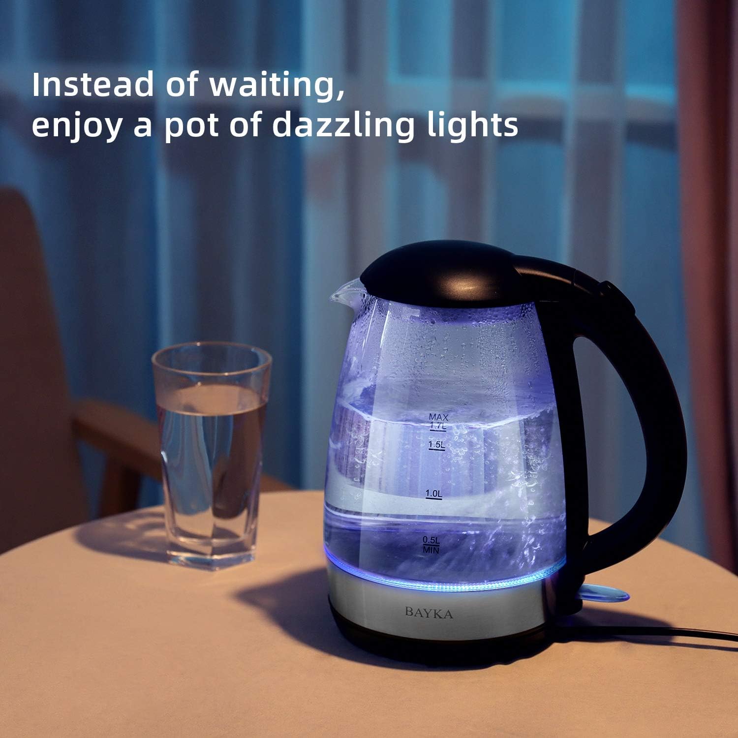 BAYKA Electric Kettle, 1.7L Tea Kettle with LED Indicator, Cordless Hot Water Glass Kettle for Coffee, Tea, Beverages Featuring Auto Shut-Off & Boil-Dry Protection