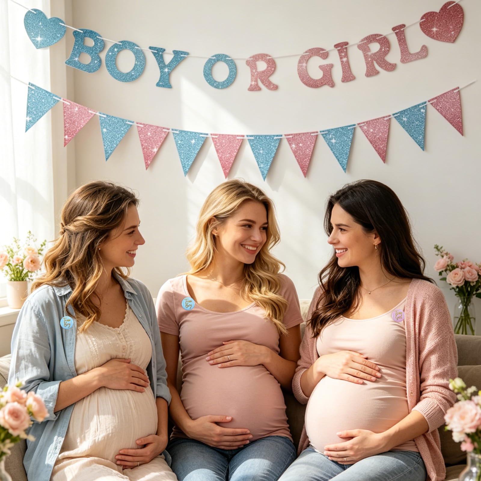 Guirlande Gender Reveal 3 m avec Fanions Cœurs 30 Badges Team Boy Girl Décor Rose Bleu Brillant Baby Shower