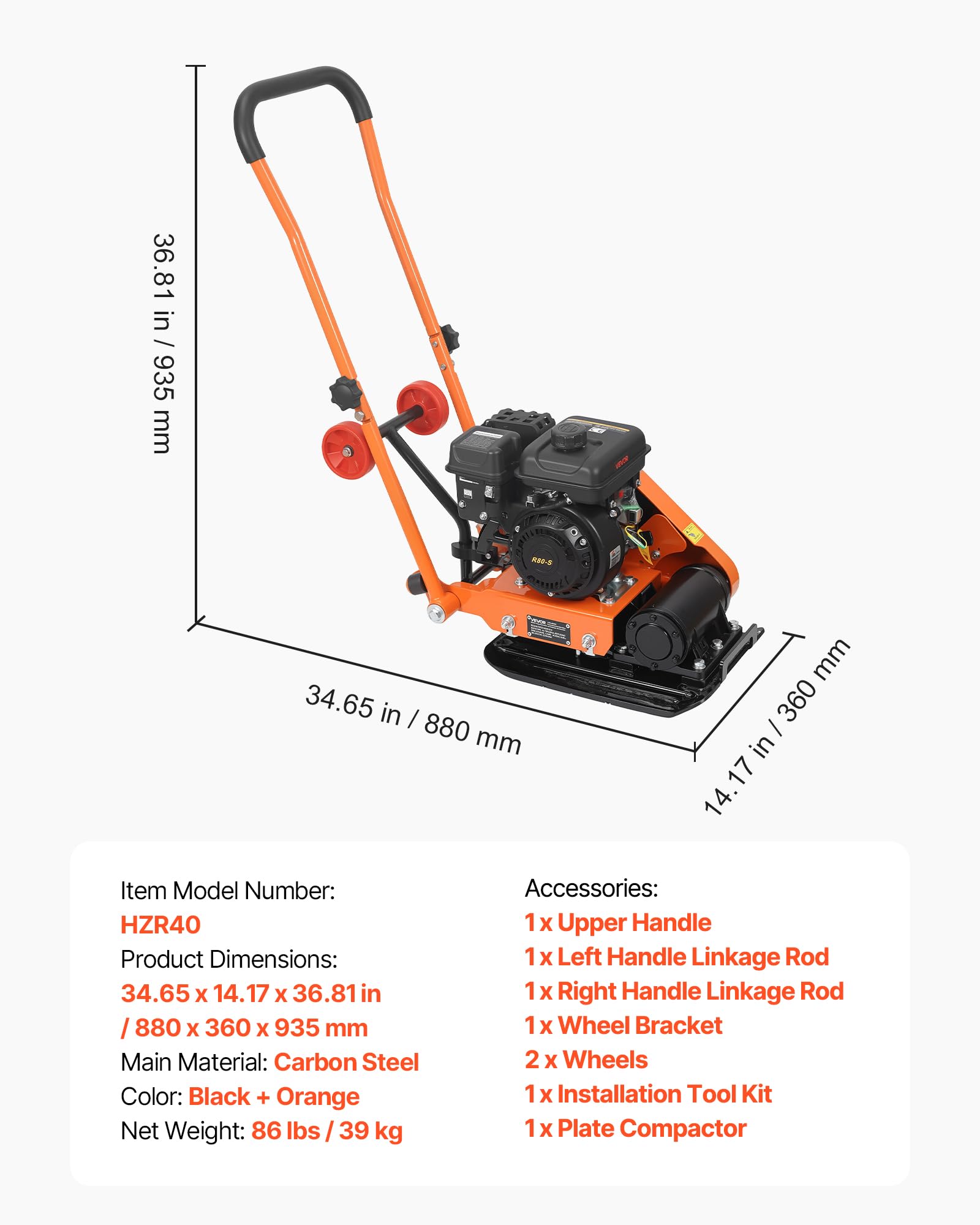 VEVOR Plaque Vibrante Thermique 8 kN Compacteur à Plaque Vibrante Essence 2 hp pour Pavages, Aménagement Paysager, Asphalte, Fondations, Compactages de Sol, 5250 VPM, Zone de Compactage 41x31,5 cm